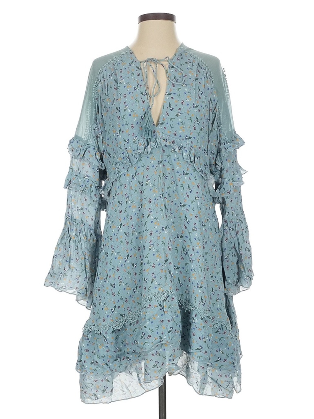 Stevie May The Mystic Billow Sky Blue Floral Tie-Neck Boho Ruffle Mini Dress